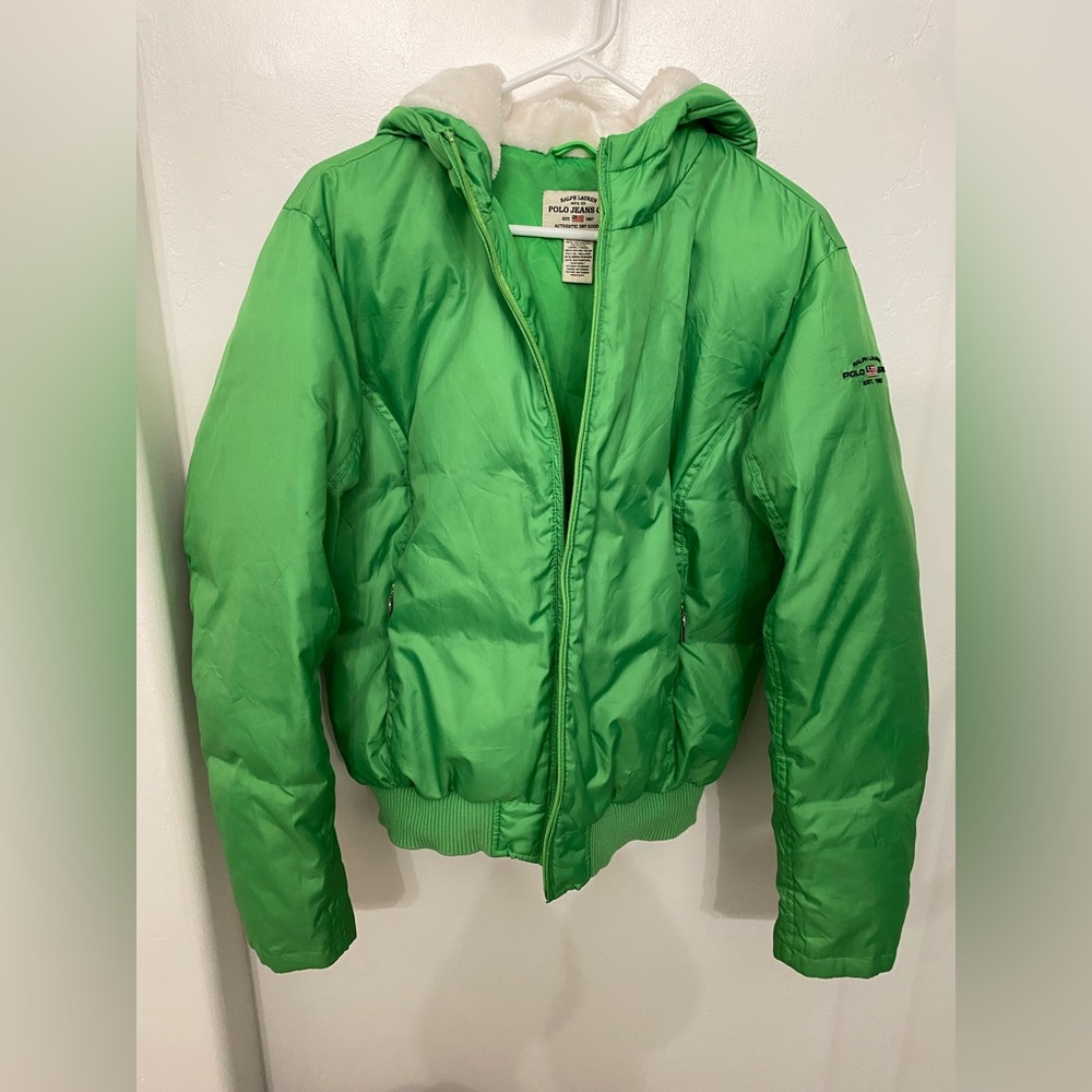 Vintage Polo Jeans Ralph Lauren Ouffer Coat Hood Neon Green Women's Large